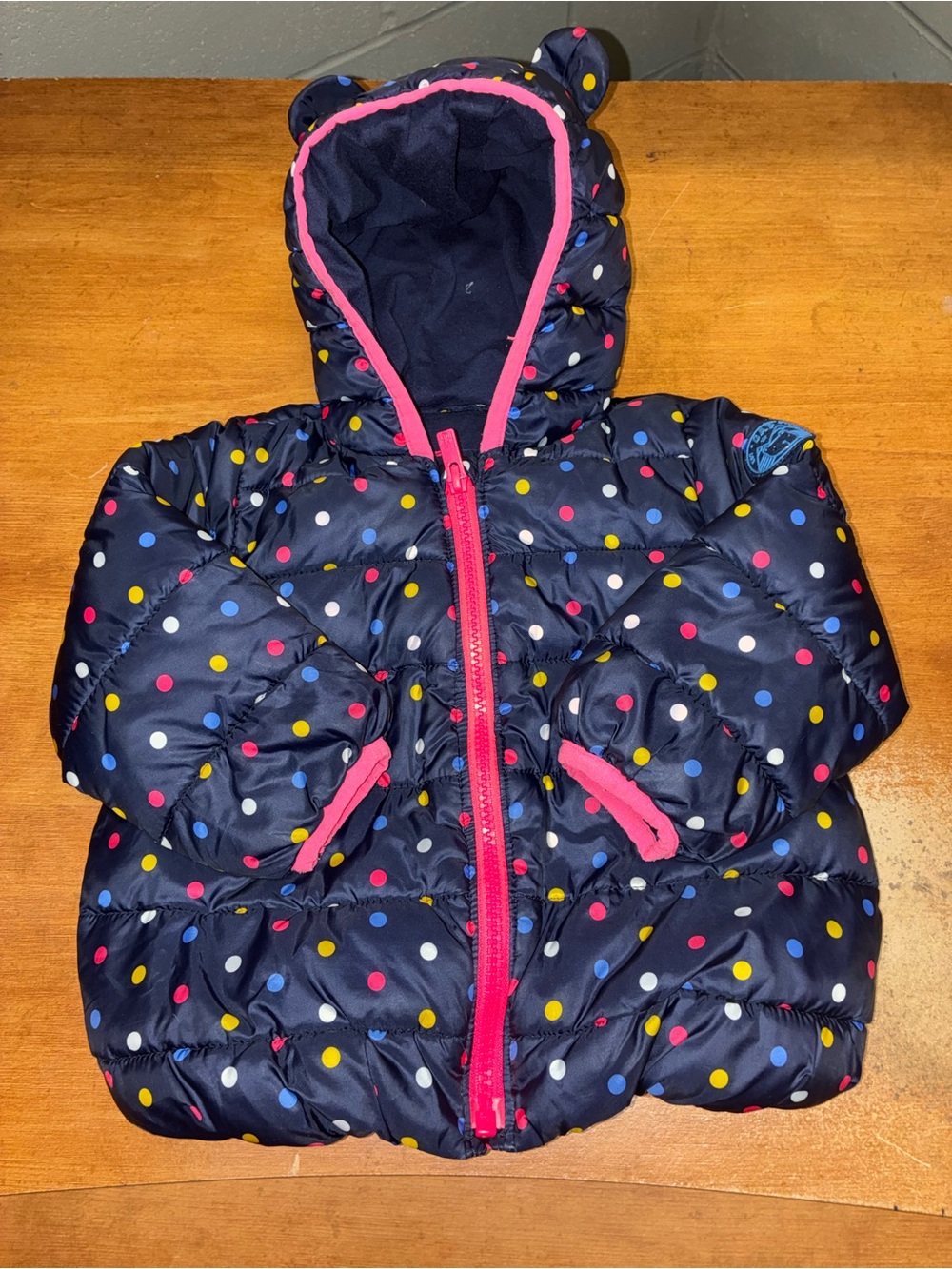 GAP Navy Polka Dot Puffer Jacket with Pink Trim